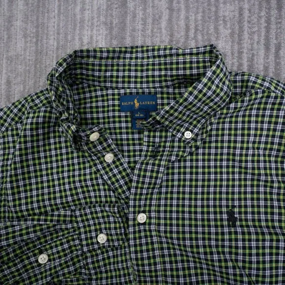 Ralph Lauren Boys Large 14-16 Plaid Button Down Shirt Green Black Long Sleeve