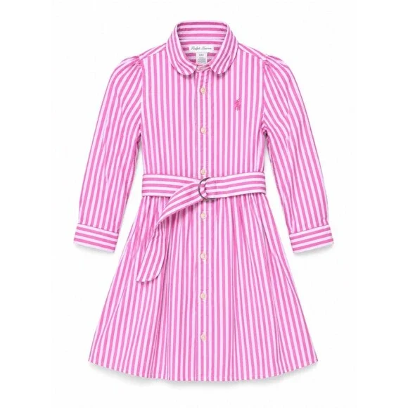 Ralph Lauren Pink Stripe Cotton Shirt Dress 24M Belted Button Front Preppy