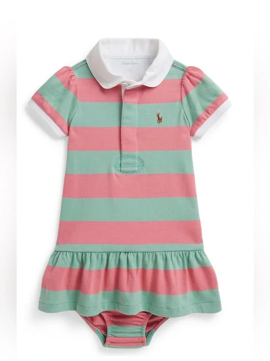 Ralph Lauren Pink and Mint Green Rugby Striped Polo Dress 6m