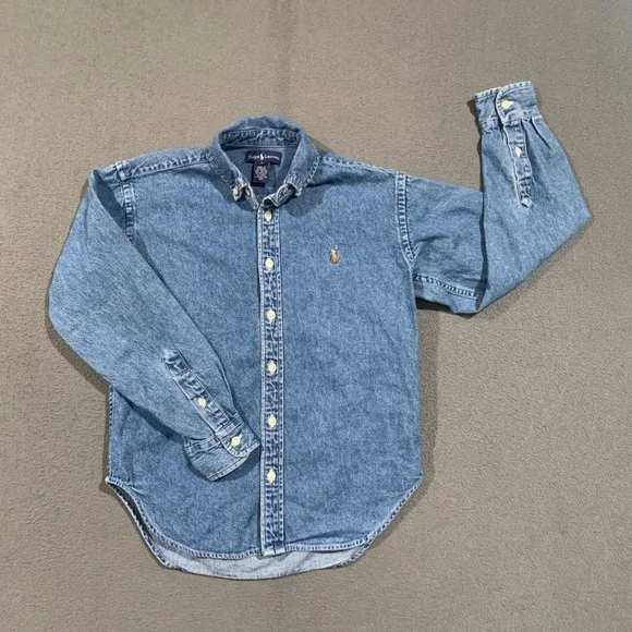 90s Y2K Ralph Lauren Denim Shirt Kids Size S Button Down Classic Prep Heritage