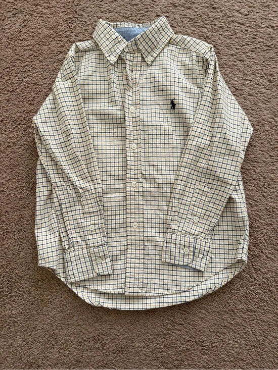 Boy’s Ralph Lauren Long-Sleeve Button-Down Plaid Shirt - Cream/Navy