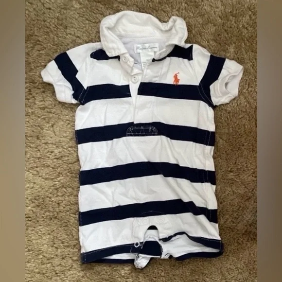 Striped Navy Blue and White 0-3 Months Collared Short Sleeve/Shorts Romper