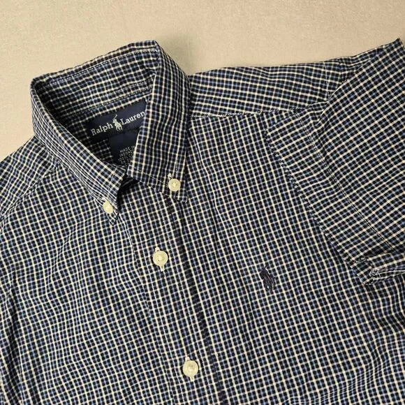 Ralph Lauren Short Sleeve Button Up Shirt Blue White Gingham Boys 5 Pony Logo