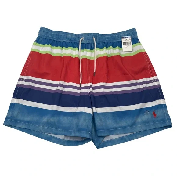 Polo Ralph Lauren Mens XL Watercolor Striped Swim Trunks Red Blue Beachwear