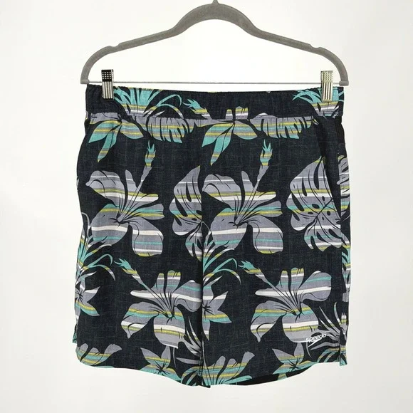 Speedo Swim Trunks Mens Small Black Tropical Compression‎ Liner Shorts