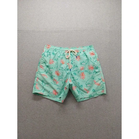 Southern Tide Men‎ Swim Trunks M Teal Tropical Pattern Elastic Waist Drawstring