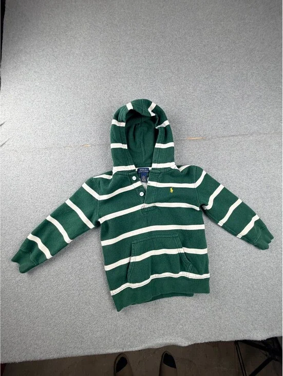 Polo Ralph Lauren Boys Hoodie Pullover Sweatshirt Size 5 Green White Striped