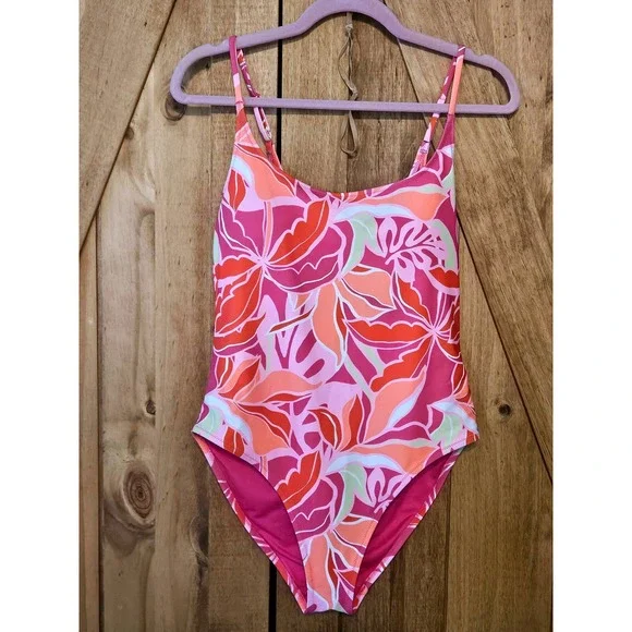 Old Navy One Piece Swimsuit Women L Pink Tropical Modest Adjustable Strap #767