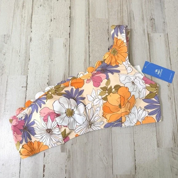 Cupshe One Shoulder Swim Bikini Top L Scallop Edge Floral Summer Pool‎ NEW