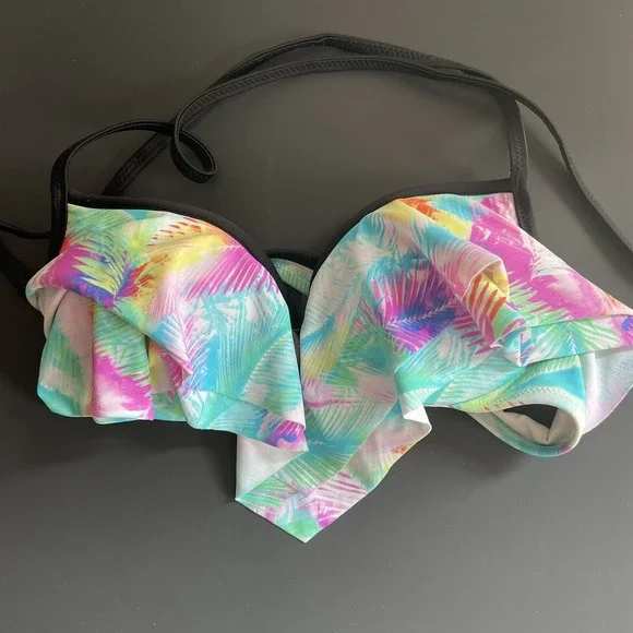 Victoria Secret PINK Wired Padded Bikini‎ Top Size XS Blue Hawaiian Print Ruffle