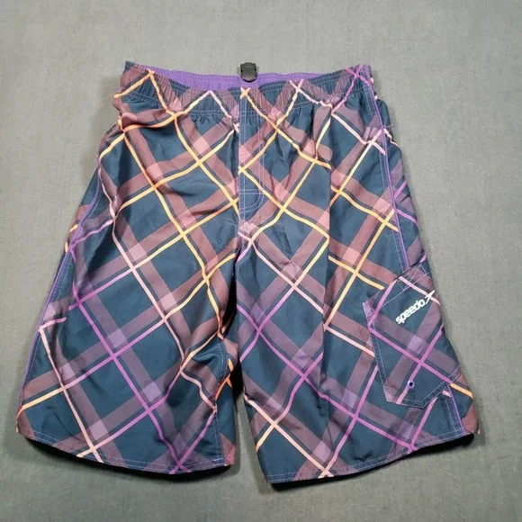 Speedo Swim Trunks Mens‎ XL Purple Plaid Board Shorts Cargo Pocket