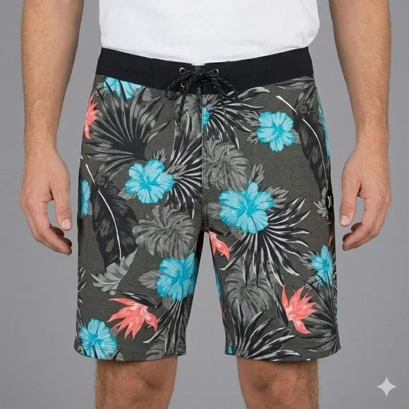 Hurley Board Shorts Phantom Tropical Floral‎ Hibiscus Coral Size 30 Grey EUC