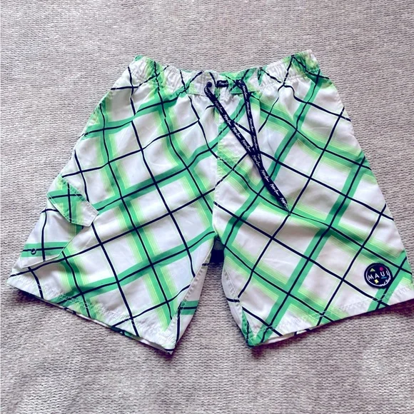 Maui And Sons Plaid Board Shorts Green‎ White Swim Trunks Mens 34
