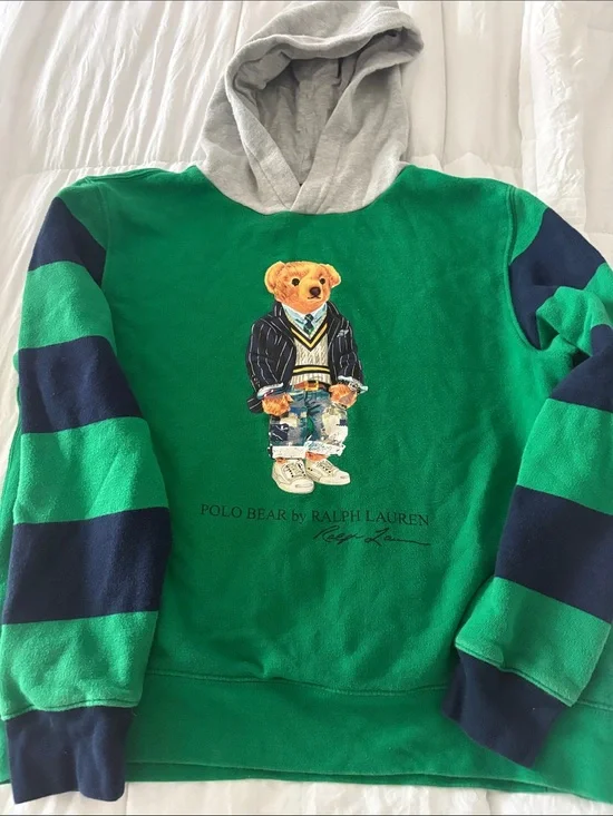 Ralph Lauren Green Hoodie with Navy Stripes and Polo Bear