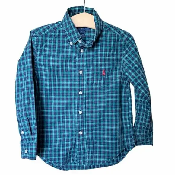 Ralph Lauren Boys blue teal check button front dress shirt long sleeve 4 preppy