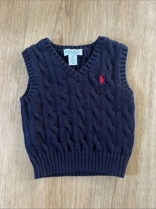Ralph Lauren Navy Cable-Knit Sleeveless Vest with Red Pony