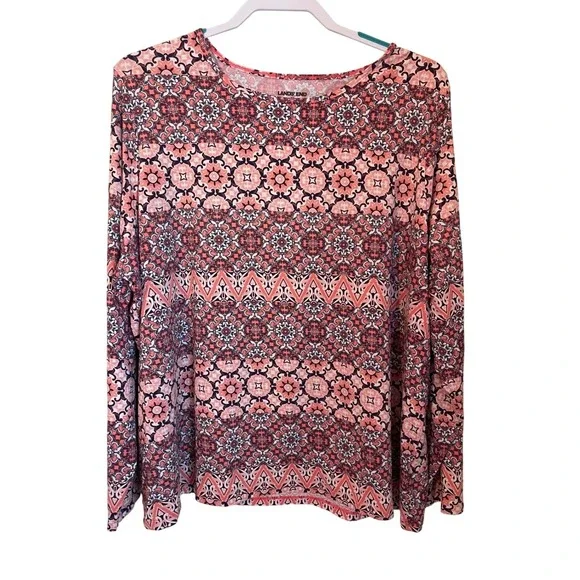 Lands End 2X Coral Pink Navy Medallion Long‎ Sleeve UPF 50 Rash Guard Swim Top