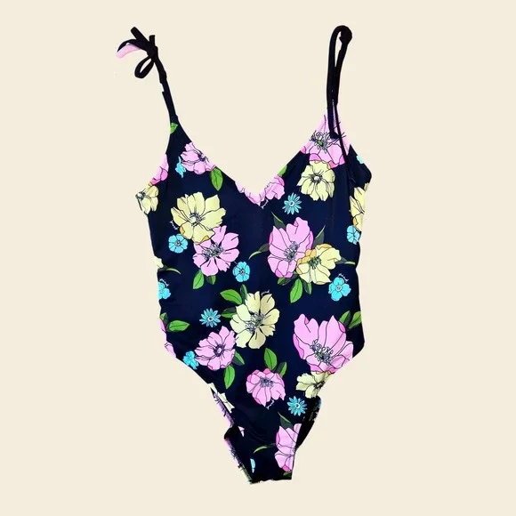 VS PINK One Piece V-neck Swimsuit Sz L Blk Pink Floral Tie Shoulder Modest #766