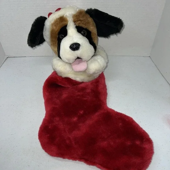 Vtg Saint Bernard Plush 3D Puppy Dog Christmas Mantle Hanging Stocking 20