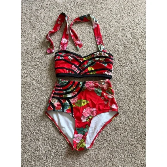 Modcloth Red Floral High-Waist Bikini Set Size XS