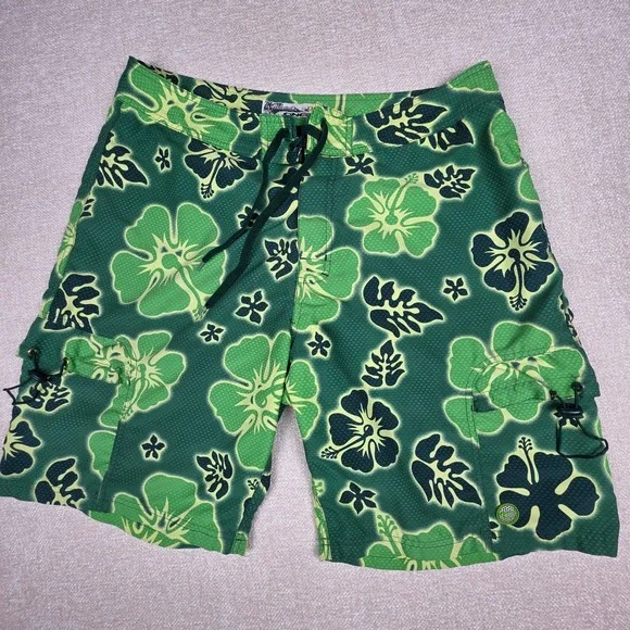 VTG O'Neill Mens Green Hibiscus Floral Board Shorts Cargo Pockets Swim Trunks 37