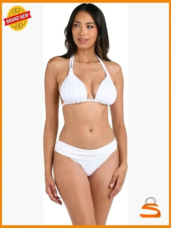 White Halter Bikini Top Size 8 Adjustable Straps Rouched Nylon Blend