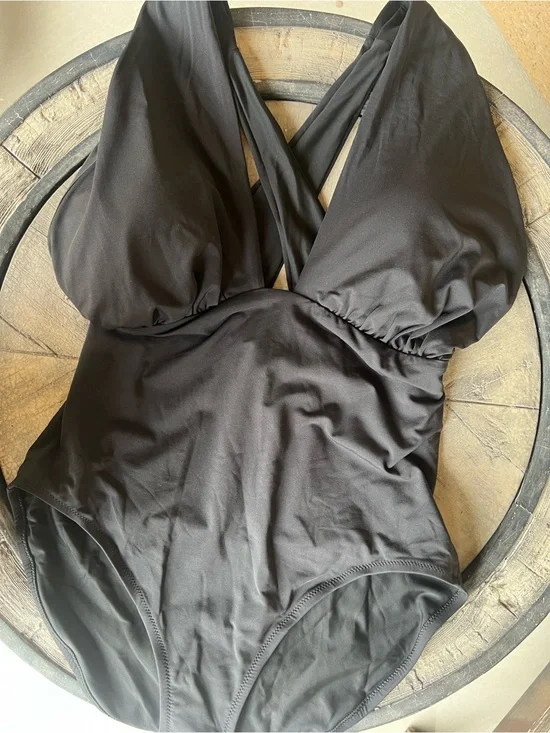 Calia Black Deep V Crossover One-Piece Swimsuit size 16