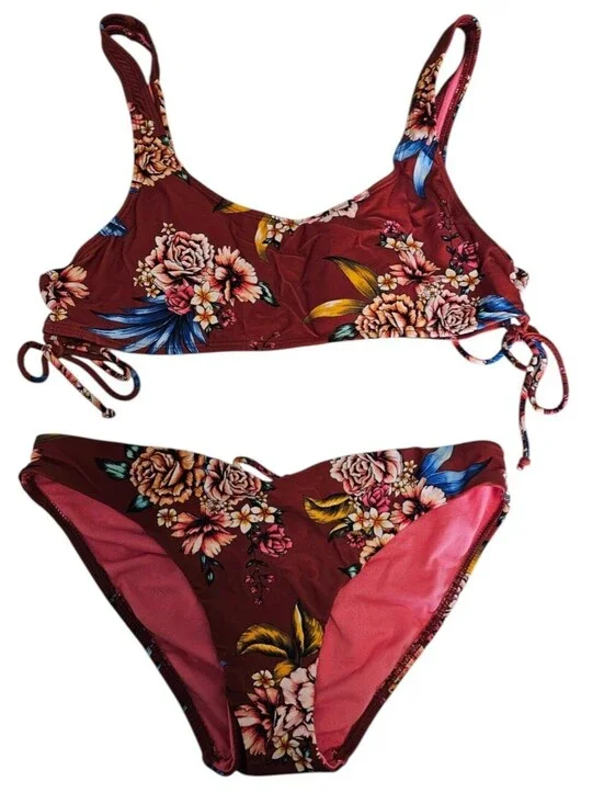 No Boundaries Womens Sz M/XL Bikini Swimsuit Set Burgundy Red Floral