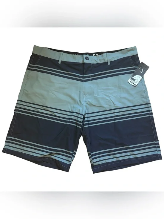 OP Ocean Pacific Mens Size 42 Flat Front Swim Shorts Green Blue Striped