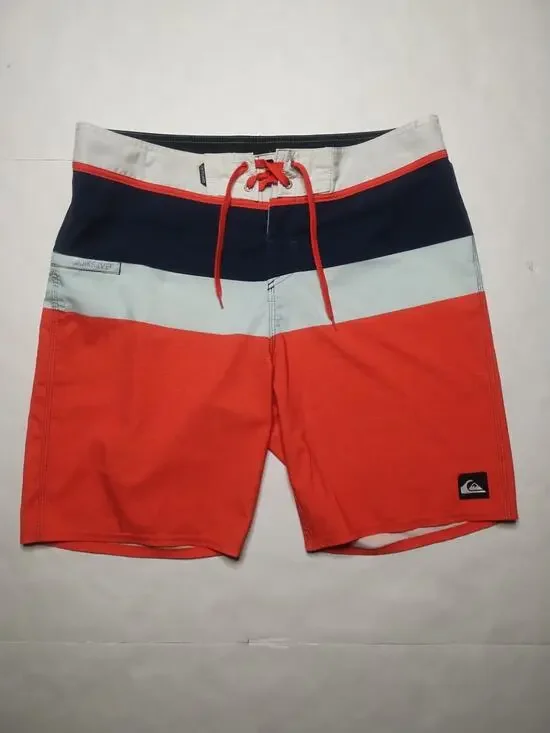 Quicksilver Shorts Mens Size 36 Orange Blue Stripe Sunset Future Swim Trunks
