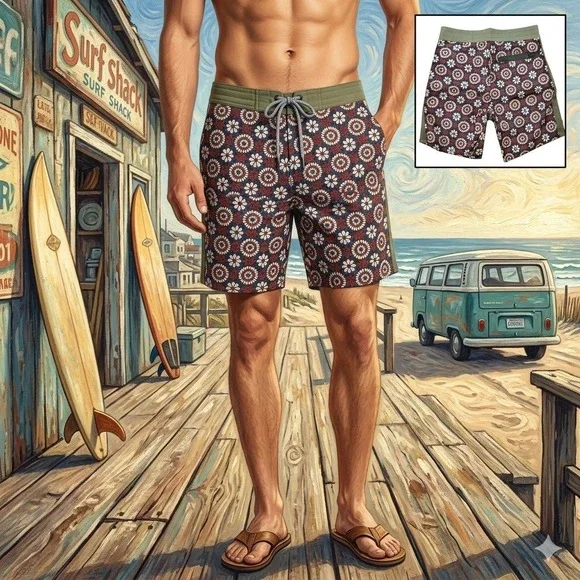Outerknown Mens Floral Boardshorts Navy‎ Red Olive ECONYL Recycled Nylon Size 28
