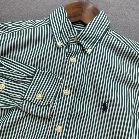 Ralph Lauren Striped Button Down Shirt Kids Size 8 Green White Long Sleeve Pony