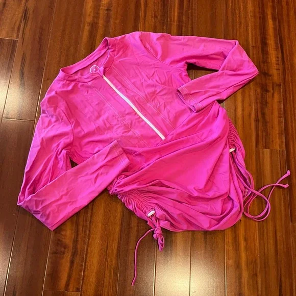 Mott50 Pink Rash Guard‎ Swim Long Sleeve Top Ruche Zip SPF Cover Up Size Medium