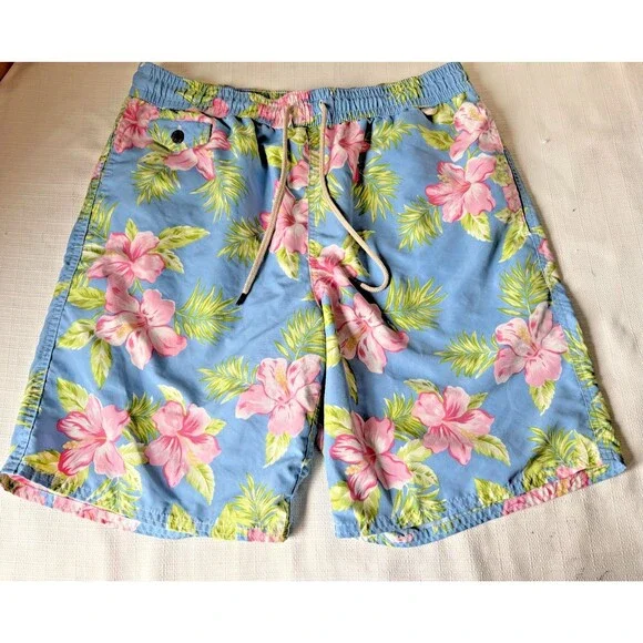 Polo Ralph Lauren Mens M Blue Floral Hawaiian Surf Bathing Suit Swim Trunks