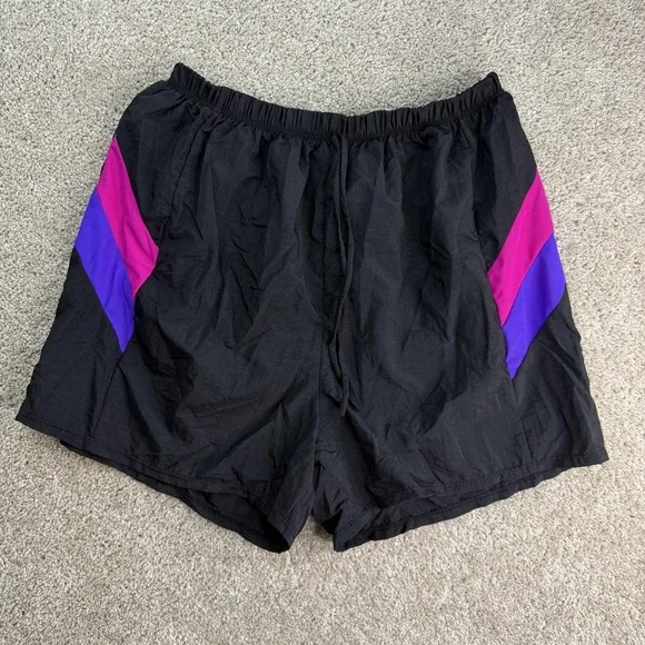 Vintage Sunbird Swim Shorts Mens Large Black Pink Colorblock Nylon Trunks Beach