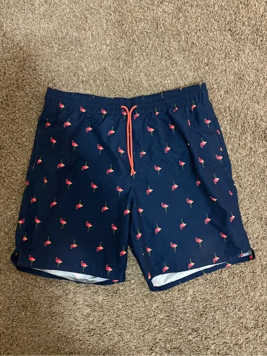 Old Navy Swim Trunks Mens Navy Blue Flamingo All Over Print Mesh Lined Large