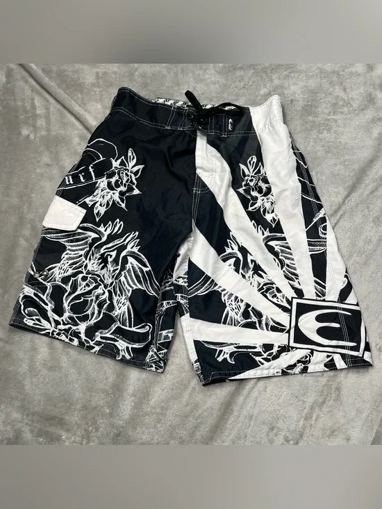 Exist Rising Sun Board Shorts Mens L Black/White Billabong Style Swin Trunks