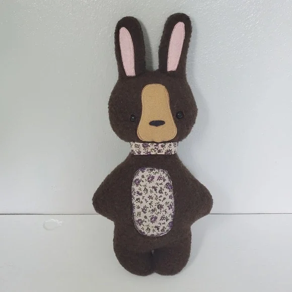 Brown Plush‎ Bunny Rabbit Stuffed Animal VTG Floral Patchwork Accent Handmade