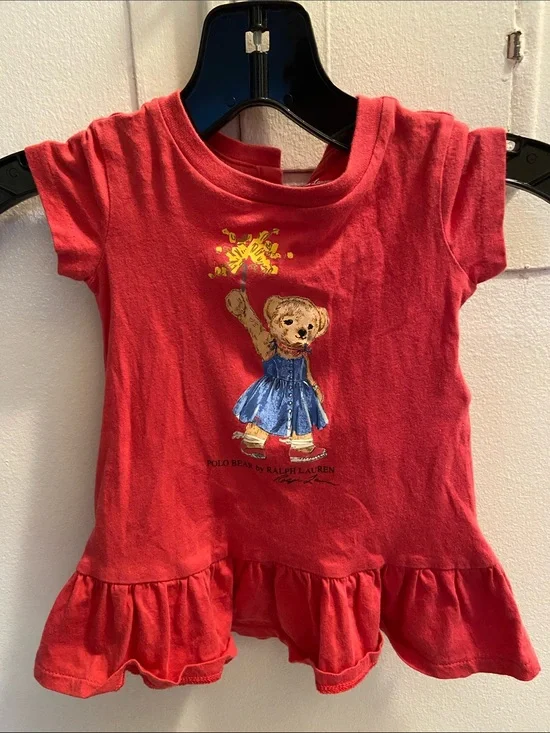 Ralph Lauren Red Toddler Peplum Tee with Bear Graphic
