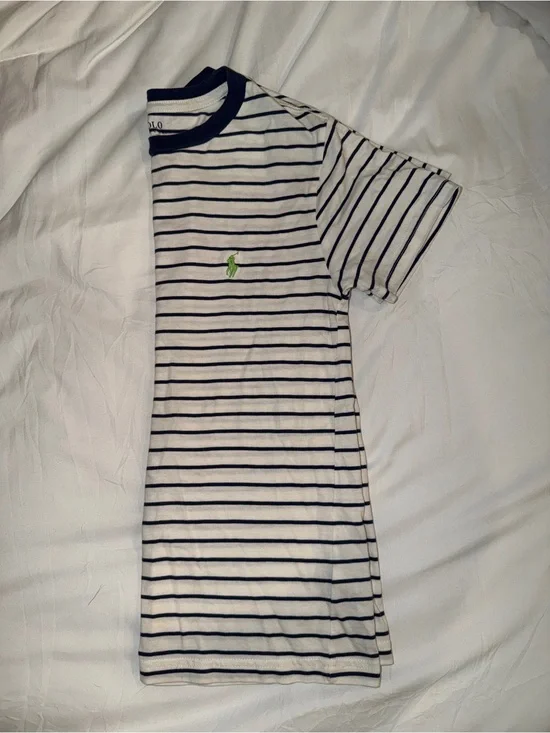 Ralph Lauren White Tee with Navy Stripes and Green Pony