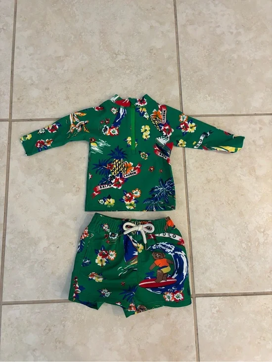 Ralph Lauren Green Tropical Print Kids Rash Guard and Swim Shorts Set