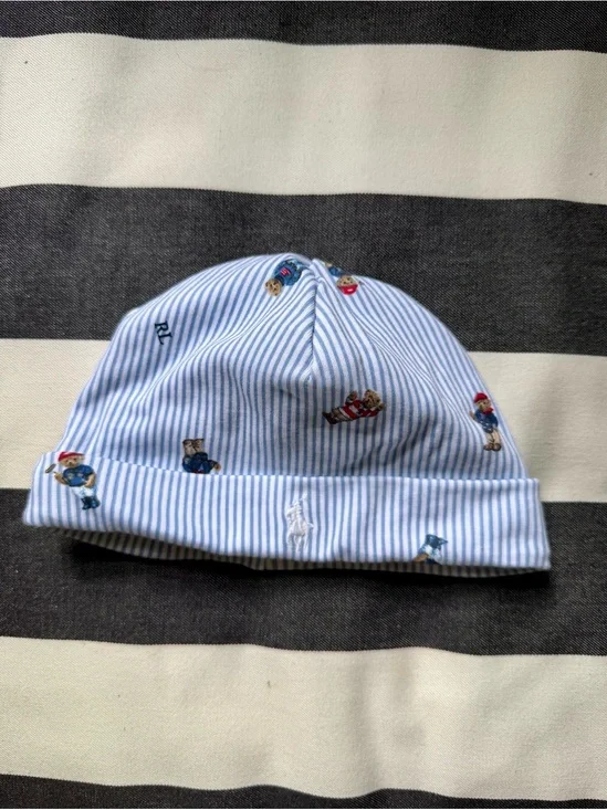 Ralph Lauren Blue Striped Baby Beanie with Polo Bear