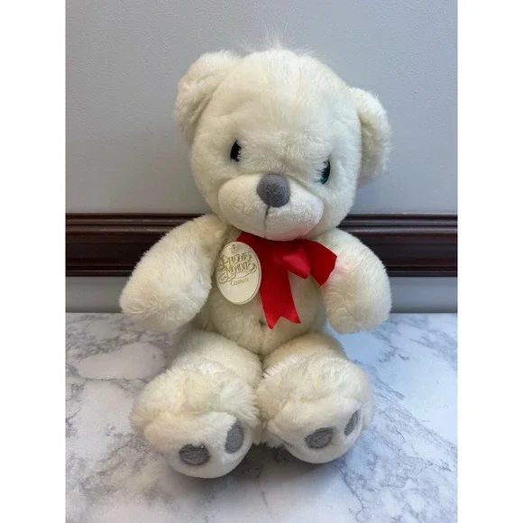 Precious Moments White Teddy Bear Plush Red Ribbon Teal Eyes Vintage Collectible