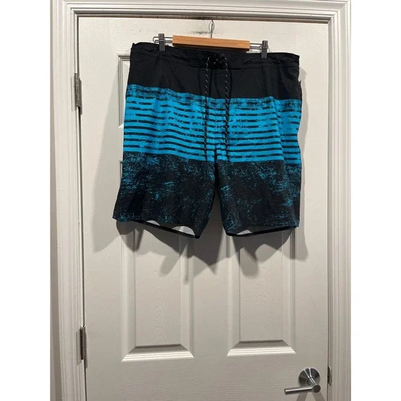 George Mens E-Board Swim Trunks XL Black Blue Striped 9