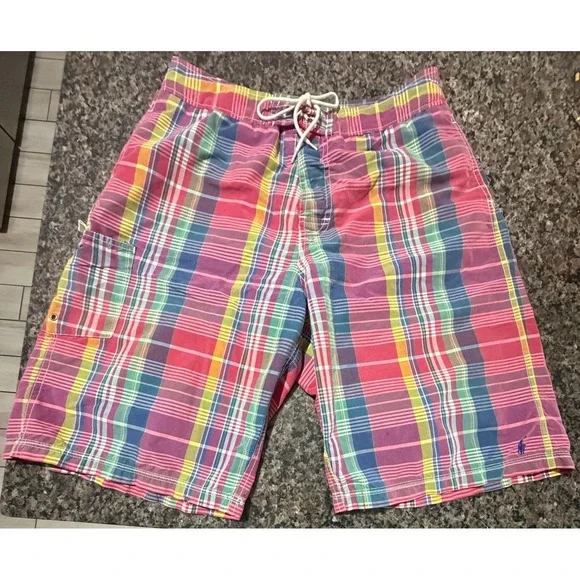 Polo‎ Ralph Lauren Mens XL Plaid Swim Trunks Multi Color Cargo Pocket Mesh Lined
