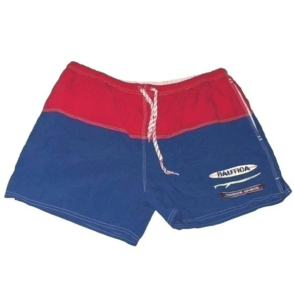 Vintage 90s Nautica Swim Trunks Mens XL Red Blue‎ Colorblock Mesh Lined