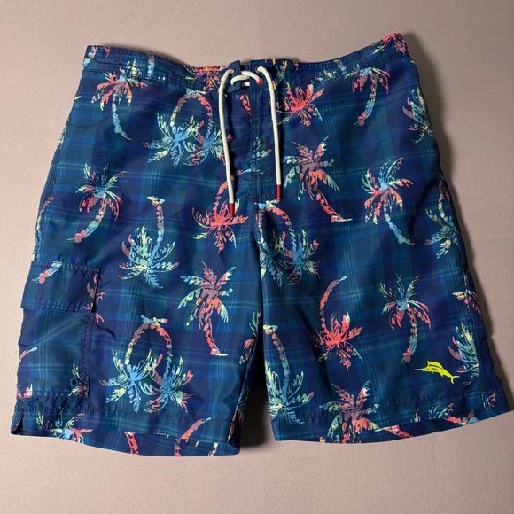 Tommy Bahama Mens Plaid Palm Tree Swim Trunks Blue Green Large Board Shorts