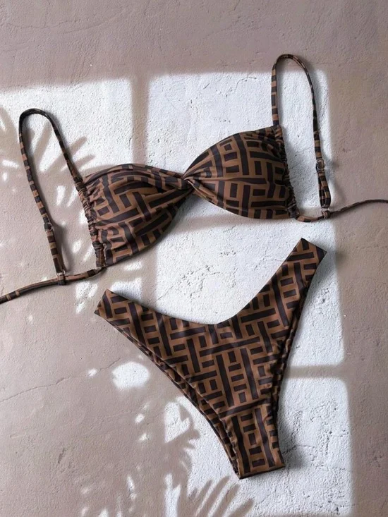 SHEIN Brown Geo-Print Bikini Set