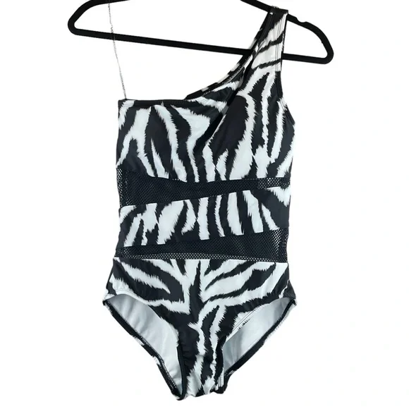NWOT Carmen Marc Valvo One Shoulder Zebra Print Sheer Mesh One Piece Swimsuit 6