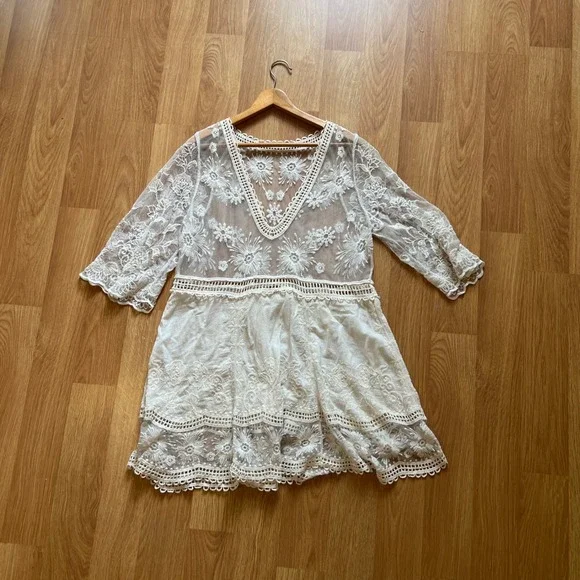White Floral Lace Crochet Small Beach Cover Up Sheer Boho Mini Dress Festival